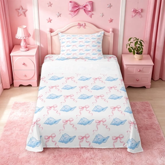 meiyoeat cute Seashell Bow Twin Sheets,Watercolor Coastal Style Bedding,3 Pieces,1 Fitted Sheet and 1 Pillowcase