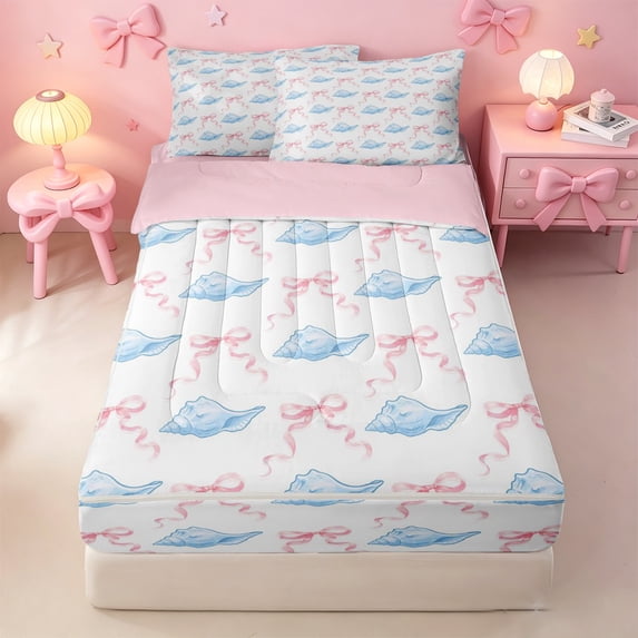 meiyoeat cute Seashell Bow Zipper Full Size Comforter Sets with Fitted Sheet and 2 Pillowcases,Watercolor Coastal Style Zipper Bedding Set,Pink Reversible,4-Piece