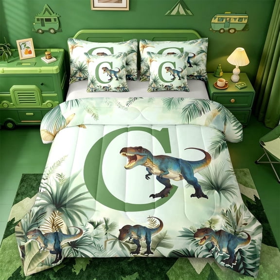 meiyoeat dino Letter C 7-Piece Twin Bedding,Tropical Monstera Leaf Bedding Comforter Set,Light Gray Reversible