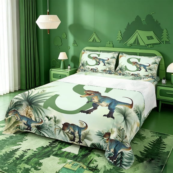 meiyoeat dino Monogram Print S Bed Sheets,Safari Dinosaur Design Full Size Sheets,4pcs,1 Flat Sheet,1 Fitted Sheet and 2 Pillowcases