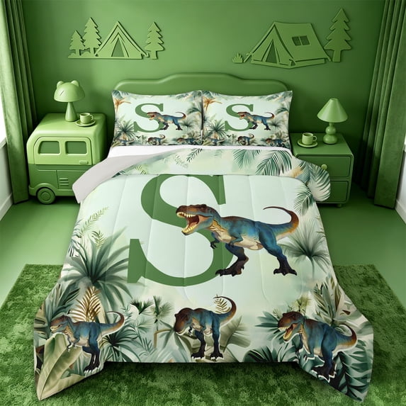 meiyoeat dino Monogram Print S Full Size Comforter Sets,Safari Dinosaur Design Bedding Comforter Set,Light Gray Reversible,3pcs,1 Comforter and 2 Pillowcases