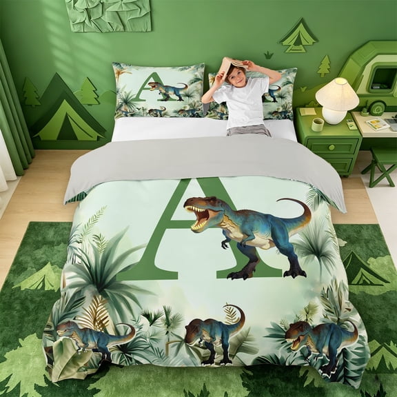 meiyoeat dinosaur Alphebat A Bedding,Tropical Botanical Print Duvet Cover Full,Light Gray Reversible,3pcs,1 Duvet Cover and 2 Pillowcases