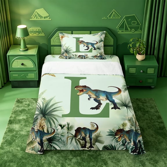 meiyoeat dinosaur Monogrammed L Twin Sheets,Hreen Tropical Botanical Bedding,3-Piece,1 Fitted Sheet and 1 Pillowcase