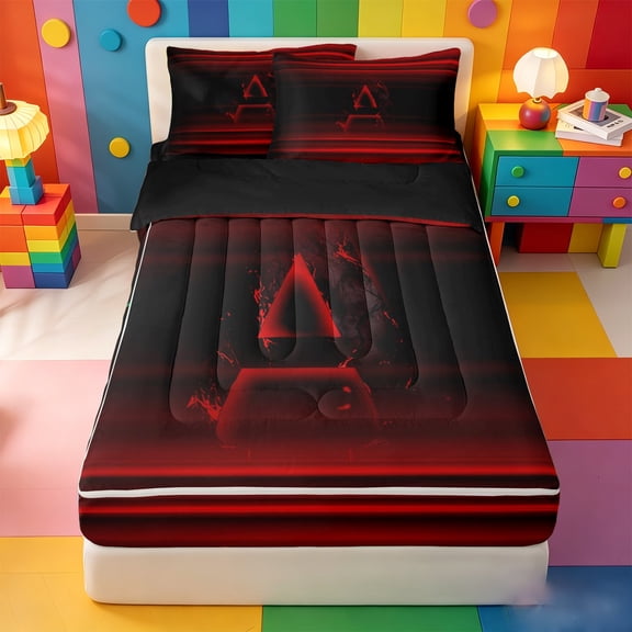 meiyoeat gradient Initial Print Zipper Twin Comforter Sets with Fitted Sheet and 2 Pillowcases,Red Black Monogram A Zipper Bedding Set,Black Reversible,4-Piece