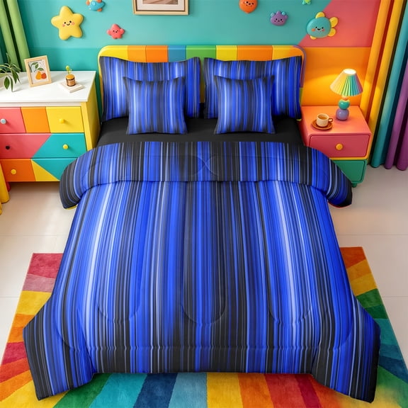 meiyoeat gradient Lines Texture 7-Piece Twin Bedding,Blue Black Ombre Art Bedding Comforter Set,Reversible