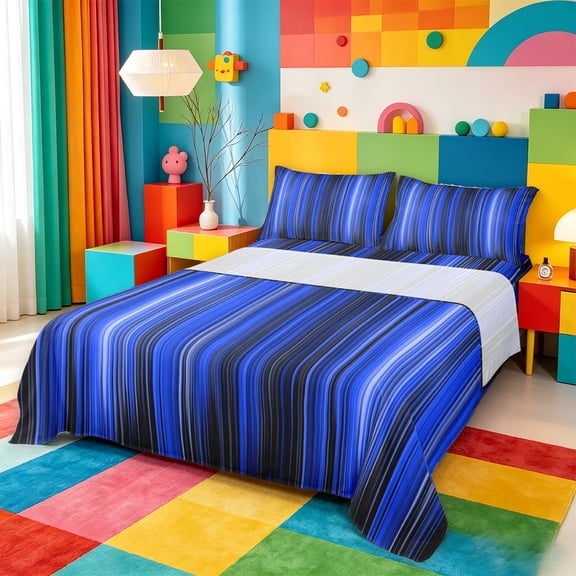 meiyoeat gradient Lines Texture Bed Sheets,Blue Black Ombre Art Full Size Sheets,4-Piece,1 Flat Sheet,1 Fitted Sheet and 2 Pillowcases