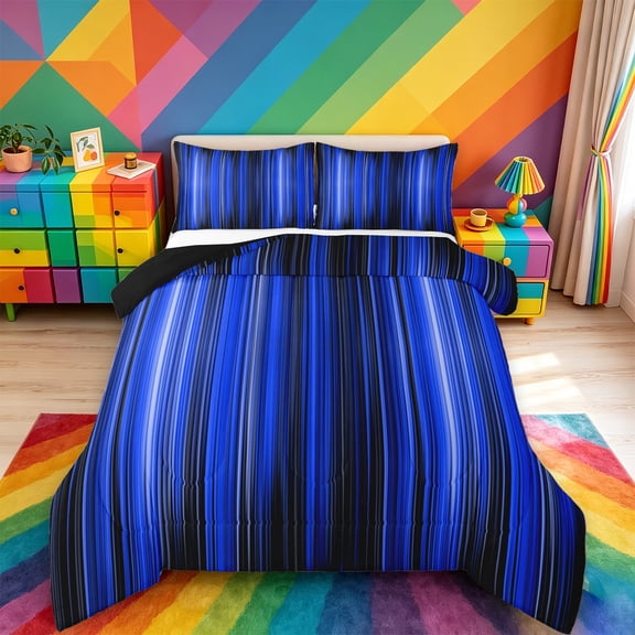 meiyoeat gradient Lines Texture Full Size Comforter Sets,Blue Black Ombre Art Bedding Comforter Set,Reversible,3-Piece,1 Comforter and 2 Pillowcases