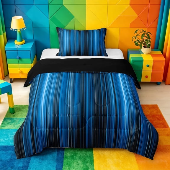 meiyoeat gradient Lines Texture Twin Comforter Sets,Neon Blue Black Bedding Set,Reversible,2-Piece,1 Comforter and 1 Pillowcase