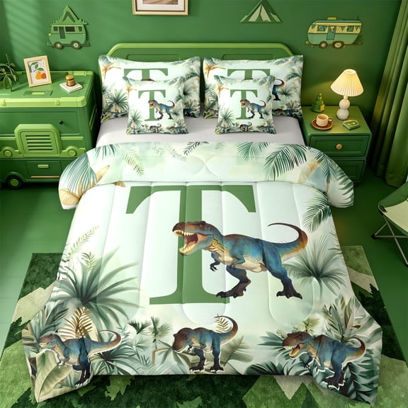 meiyoeat jungle Wildlife Alphabet T 7 Pieces Full Size Bedding Sets,Tropical Dinosaur Animal Full Size Bed in a Bag,Light Gray Reversible