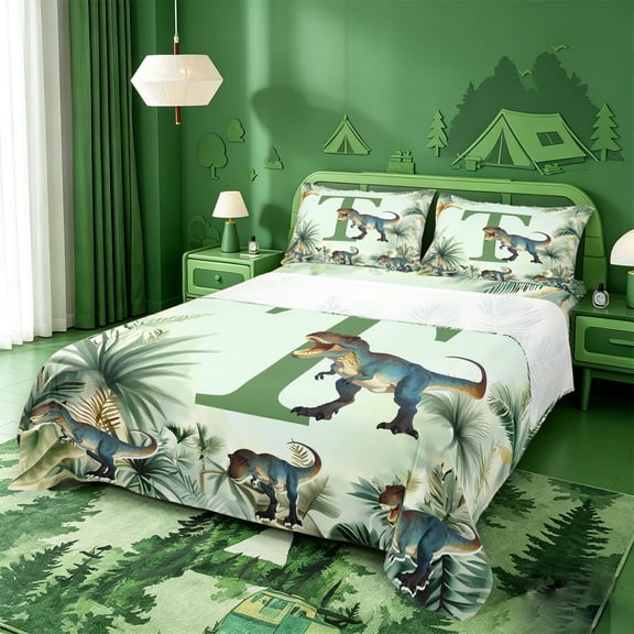 meiyoeat jungle Wildlife Alphabet T Bed Sheets,Tropical Dinosaur Animal Full Size Sheets,4-Piece,1 Flat Sheet,1 Fitted Sheet and 2 Pillowcases