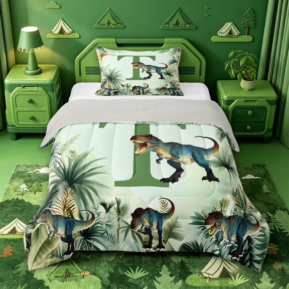meiyoeat jungle Wildlife Alphabet T Twin Comforter Sets,Tropical Dinosaur Animal Bedding Set,Light Gray Reversible,2pcs,1 Comforter and 1 Pillowcase