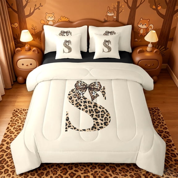 meiyoeat kawaii Bow Monogram Design 7-Piece Twin Bedding,Leopard Print Initial S Bedding Comforter Set,Black Reversible