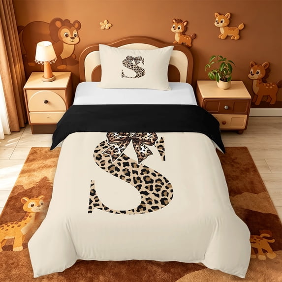 meiyoeat kawaii Bow Monogram Design Twin Duvet Cover,Leopard Print Initial S Twin Bedding,Black Reversible,2-Piece,1 Duvet Cover and 1 Pillowcase