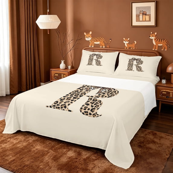 meiyoeat leopard Bowknot Letter Bed Sheets,Cheetah Monogram Print R Full Size Sheets,4-Piece,1 Flat Sheet,1 Fitted Sheet and 2 Pillowcases