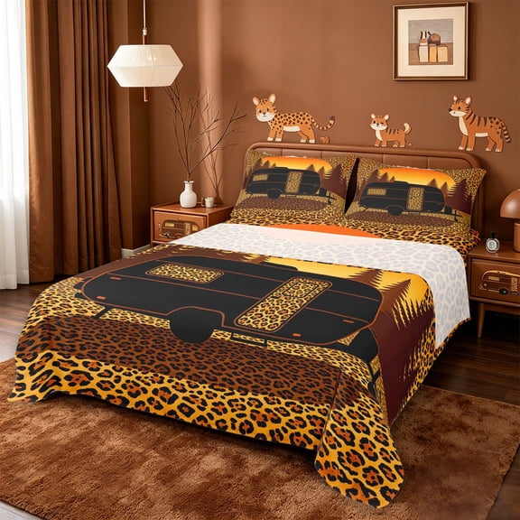 meiyoeat leopard Print Camper Bed Sheets,Sunset Silhouette Print Full Size Sheets,4-Piece,1 Flat Sheet,1 Fitted Sheet and 2 Pillowcases