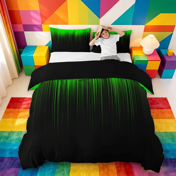 meiyoeat line Geometric Print Bedding,Black Green Neon Striped Duvet Cover Full,Reversible,3-Piece,1 Duvet Cover and 2 Pillowcases