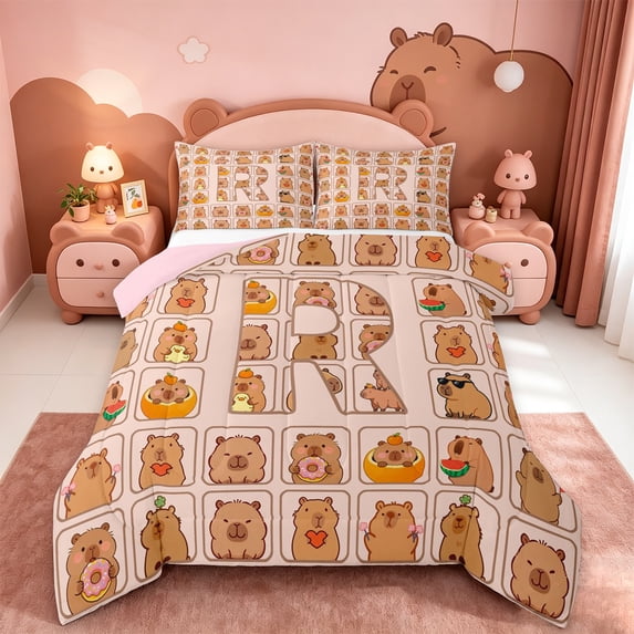 meiyoeat meiyoeat Girl Personalized Gifts Full Size Comforter Sets,Capybara Letter Print R Bedding Comforter Set,Pink Reversible,3 Pieces,1 Comforter and 2 Pillowcases