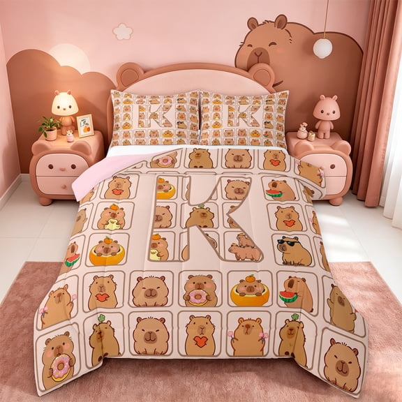 meiyoeat meiyoeat Kawaii Capybara Full Size Comforter Sets,Girls Personalized Alphabet K Bedding Comforter Set,Pink Reversible,3-Piece,1 Comforter and 2 Pillowcases