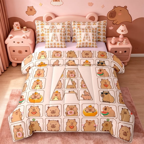 meiyoeat meiyoeat Personalized Capybara Monogram 7-Piece Twin Bedding,Initial Letter Print A Bedding Comforter Set,Pink Reversible