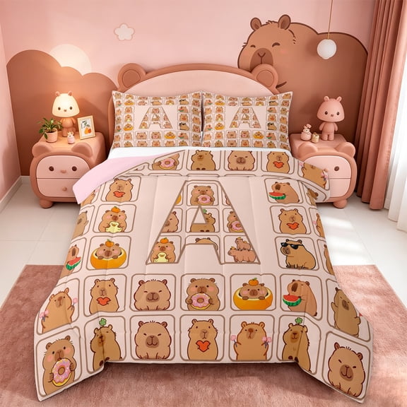 meiyoeat meiyoeat Personalized Capybara Monogram Full Size Comforter Sets,Initial Letter Print A Bedding Comforter Set,Pink Reversible,3pcs,1 Comforter and 2 Pillowcases