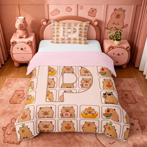 meiyoeat meiyoeat Personalized Capybara Monogram Themed Twin Duvet Cover,Initial Letter Print P Twin Bedding,Pink Reversible,2pcs,1 Duvet Cover and 1 Pillowcase