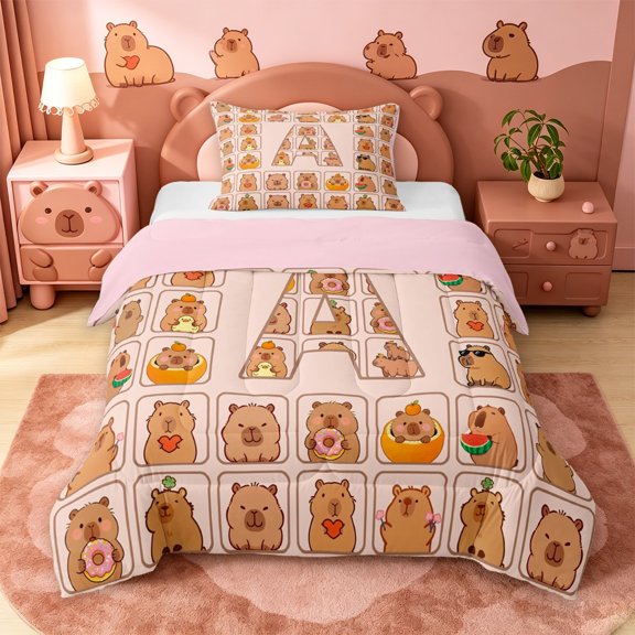 meiyoeat meiyoeat Personalized Capybara Monogram Twin Comforter Sets,Initial Letter Print A Bedding Set,Pink Reversible,2 Pieces,1 Comforter and 1 Pillowcase