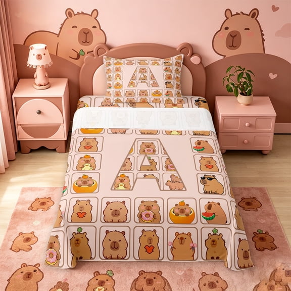 meiyoeat meiyoeat Personalized Capybara Monogram Twin Sheets,Initial Letter Print A Bedding,3 Pieces,1 Fitted Sheet and 1 Pillowcase
