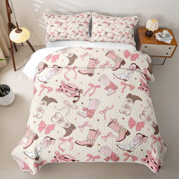 meiyoeat meiyoeat Sweet Cowgirl Boot Quilt Full For Girls, Pastel Bow Pattern Full Bedspread Sets For Kids,3pcs