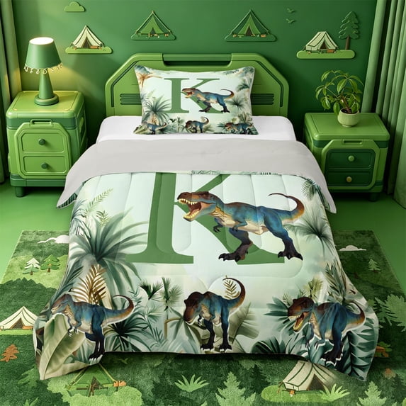 meiyoeat personalized Alphabet K Twin Comforter Sets,Green Plant Monstera Leaf Bedding Set,Light Gray Reversible,2pcs,1 Comforter and 1 Pillowcase