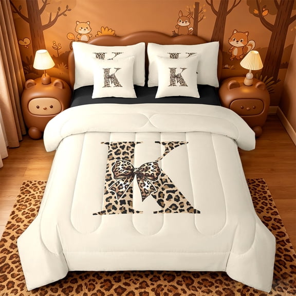 meiyoeat personalized Cheetah Monogrammed K 7 Pieces Full Size Bedding Sets,Cute Coquette Leopard Bow Full Size Bed in a Bag,Black Reversible