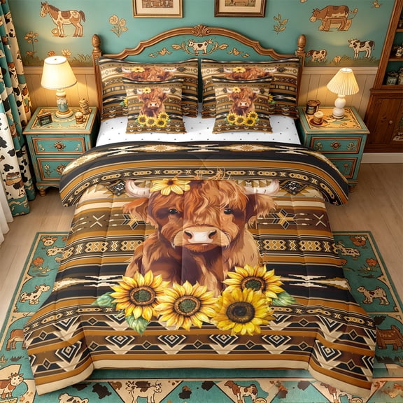meiyoeat rustic Aztec Highland Cow 7-Piece Twin Bedding,Western Farm Print Bedding Comforter Set,Reversible