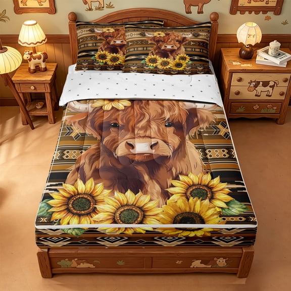 meiyoeat rustic Aztec Highland Cow Zipper Twin Comforter Sets with Fitted Sheet and 2 Pillowcases,Western Farm Print Zipper Bedding Set,Reversible,4-Piece