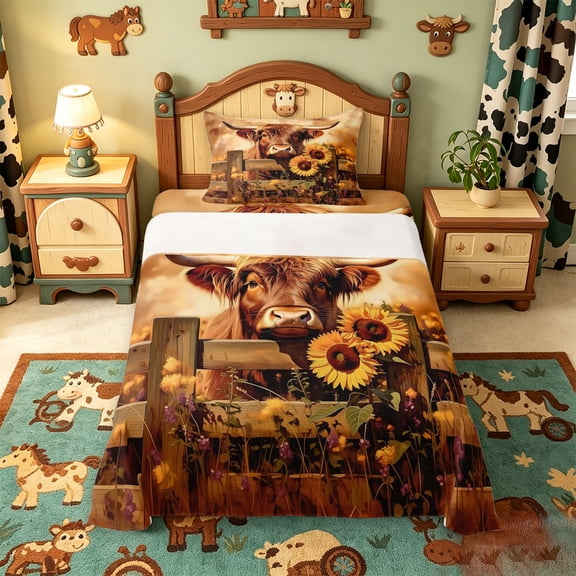 meiyoeat rustic Farm Animal Twin Sheets,Country Farm Highland Cow Sunflower Bedding,3-Piece,1 Fitted Sheet and 1 Pillowcase