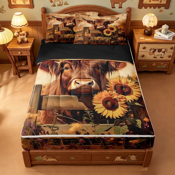 meiyoeat rustic Farm Animal Zipper Twin Comforter Sets with Fitted Sheet and 2 Pillowcases,Country Farm Highland Cow Sunflower Zipper Bedding Set,Reversible,4 Pieces