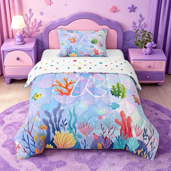 meiyoeat sea Mermaid Coral Twin Comforter Sets,Ocean Alphabet Letter R Bedding Set,Reversible,2-Piece,1 Comforter and 1 Pillowcase