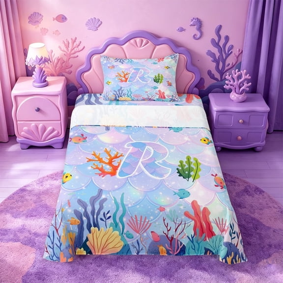 meiyoeat sea Mermaid Coral Twin Sheets,Ocean Alphabet Letter R Bedding,3-Piece,1 Fitted Sheet and 1 Pillowcase