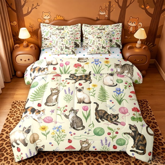 meiyoeat spring Garden Kitten 7-Piece Twin Bedding,Floral Cat Print Bedding Comforter Set,Reversible