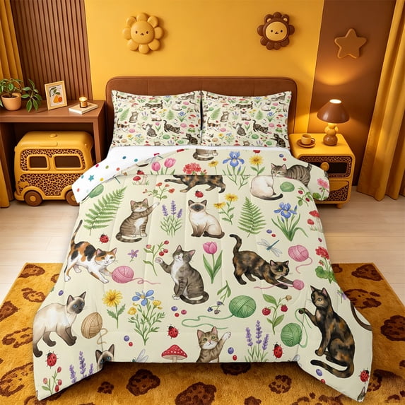 meiyoeat spring Garden Kitten Full Size Comforter Sets,Floral Cat Print Bedding Comforter Set,Reversible,3 Pieces,1 Comforter and 2 Pillowcases