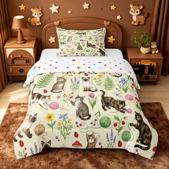 meiyoeat spring Garden Kitten Twin Comforter Sets,Floral Cat Print Bedding Set,Reversible,2-Piece,1 Comforter and 1 Pillowcase
