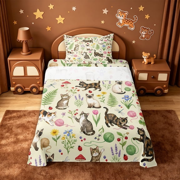 meiyoeat spring Garden Kitten Twin Sheets,Floral Cat Print Bedding,3-Piece,1 Fitted Sheet and 1 Pillowcase