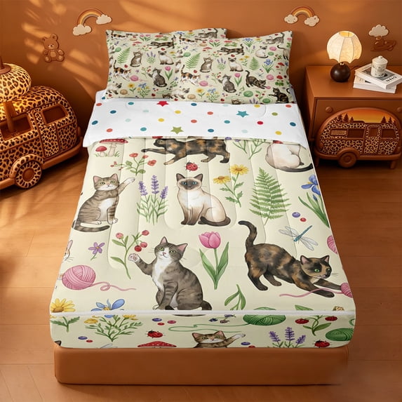 meiyoeat spring Garden Kitten Zipper Twin Comforter Sets with Fitted Sheet and 2 Pillowcases,Floral Cat Print Zipper Bedding Set,Reversible,4-Piece