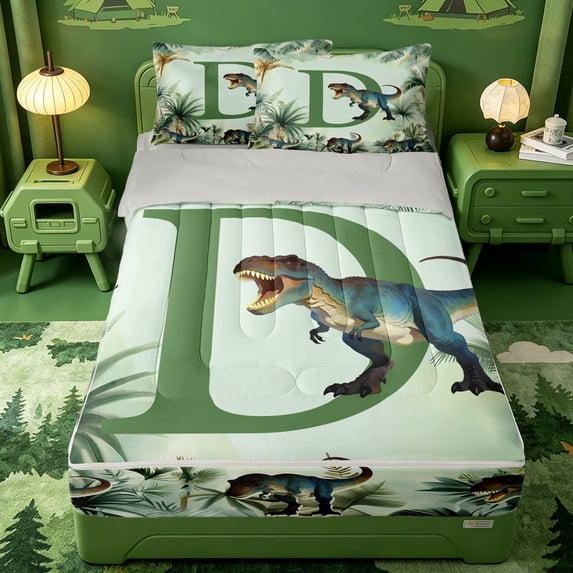meiyoeat tropical Dinosaur Letter D Zipper Twin Comforter Sets with Fitted Sheet and 2 Pillowcases,Ancient Wild Animal Dino Zipper Bedding Set,Light Gray Reversible,4-Piece