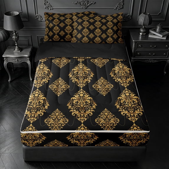 meiyoeat vintage Damask Floral Zipper Twin Comforter Sets with Fitted Sheet and 2 Pillowcases,Baroque Flowers Pattern Zipper Bedding Set,Black Reversible,4 Pieces