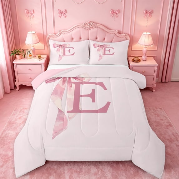 meiyoeat watercolor Ribbon Bows Full Size Comforter Sets,Monogram E Bowknot Initial Print Bedding Comforter Set,Pink Reversible,3pcs,1 Comforter and 2 Pillowcases