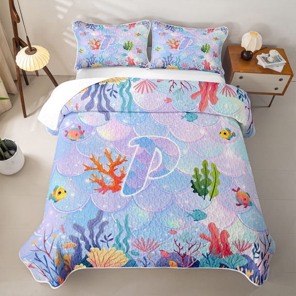 meiyoeat watercolor Sea Life Coral Quilt Full,Ocean Initial P Full Bedspread Sets,3 Pieces