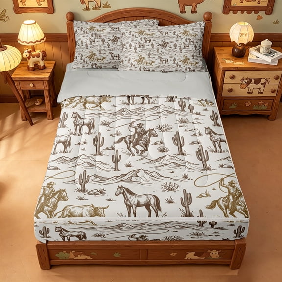 meiyoeat western Cowboy Style Zipper Twin Comforter Sets with Fitted Sheet and 2 Pillowcases,Vintage Farmhouse Zipper Bedding Set,Reversible,4 Pieces