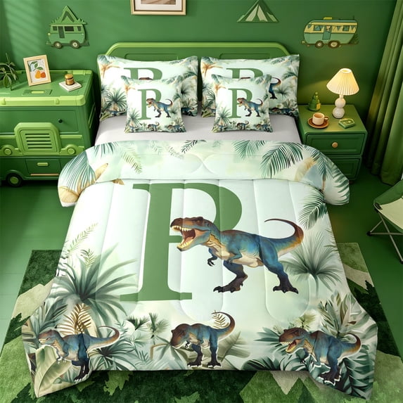 meiyoeat wild Animal Dino Print 7 Pieces Full Size Bedding Sets,3D Cartoon Monogrammed P Art Full Size Bed in a Bag,Light Gray Reversible