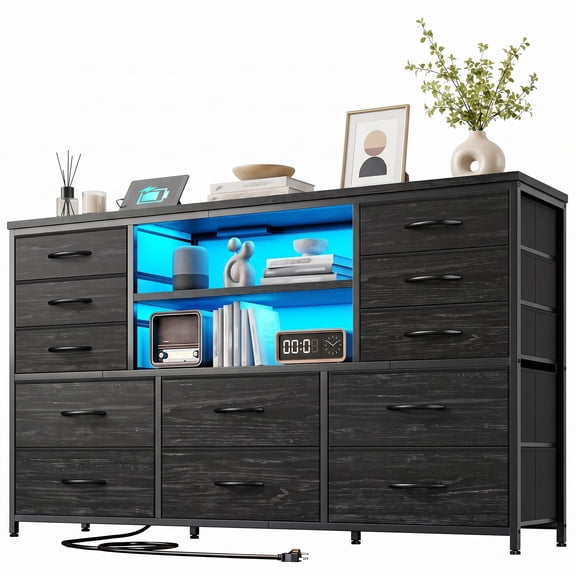 melmine 12 Drawer Fabric Dresser with LED Lights & Charging Station, Black Storage Dresser for Bedroom, TV Stand for Up to 55 Inch TV, Entertainment Center with Wood Top and Open Shelves