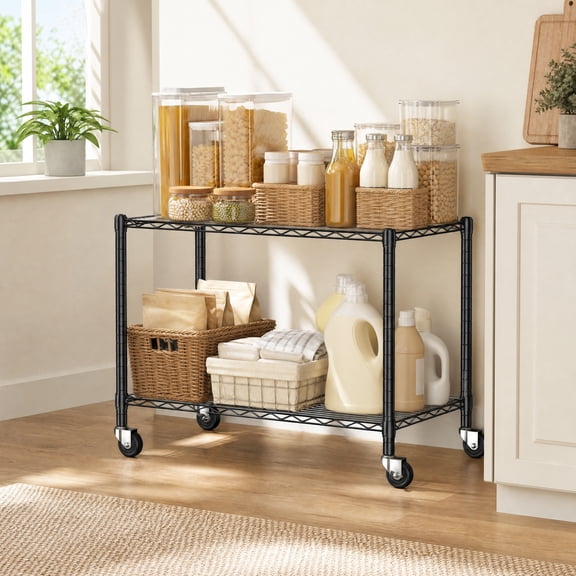 melmine 2 Tier Wire Shelving Unit with Wheels,35.4"W x 17.7"D x 26.3"H Kitchen Appliance Shelf,Heavy Duty Rolling Storage Rack with PP Liners,Metal Storage Shelves for Pantry,Kitchen,Black
