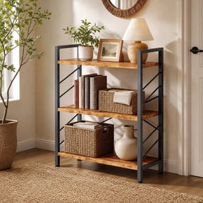 melmine 3 Tier Industrial Bookshelf, Small Rustic Brown Bookcase with Metal Frame, Freestanding Storage Shelf and Display Organizer for Bedroom, Living Room, Home Office, Apartment